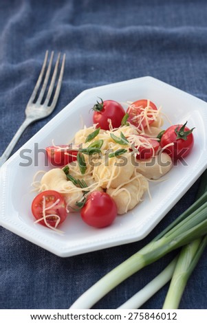 Gnocchi with tomatoes and grated cheese on a blue plate.
