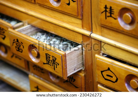 Herbal medicine drawer close-up, various medicinal herbs of traditional oriental medicine
