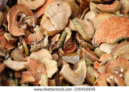 Dried chaenomeles and quince fruit close-up, various medicinal herbs of traditional oriental medicine