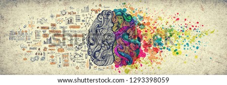 Left right human brain concept, textured illustration. Creative left and right part of human brain, emotial and logic parts concept with social and business doodle illustration of left side, and art