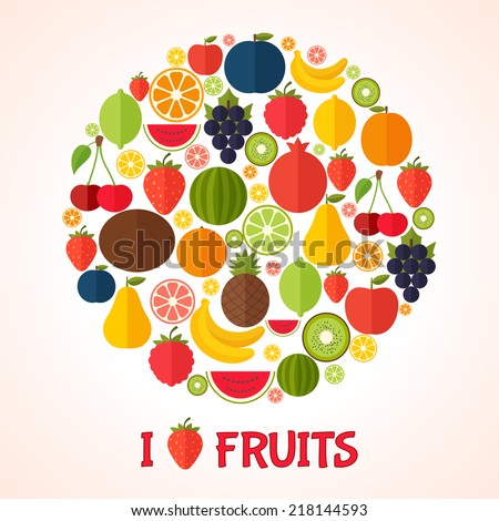 Fruits background in flat style. Colorful template for cooking, restaurant menu and vegetarian food