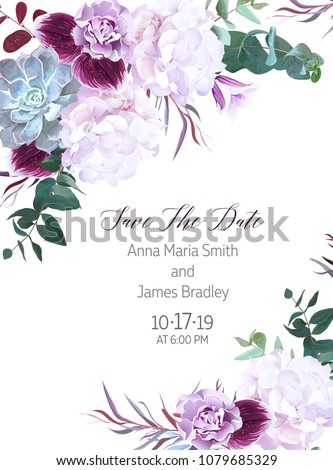 Purple and white flowers wedding design vector card. Hydrangea, echeveria succulent, violet carnation, bellflower, dark plum orchid. Autumn style greenery frame. All elements are isolated and editable