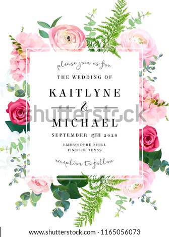 Square floral vector design frame. Pink ranunculus, red rose, white hydrangea flowers, eucalyptus, forest fern, greenery. Wedding elegant card. All elements are isolated and editable