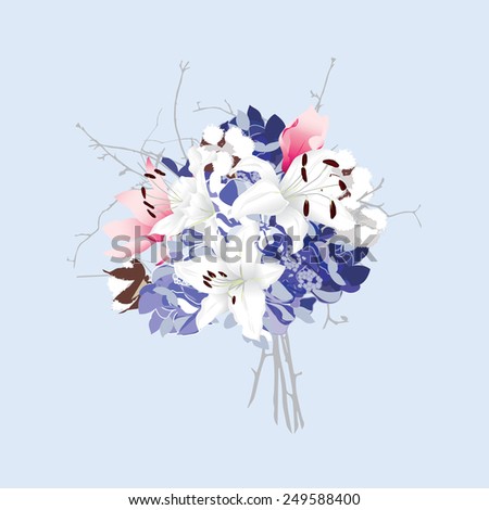 Violet and silver seamless vector bunch of flowers Magnolia, lily, cotton, hydrangea, orchid