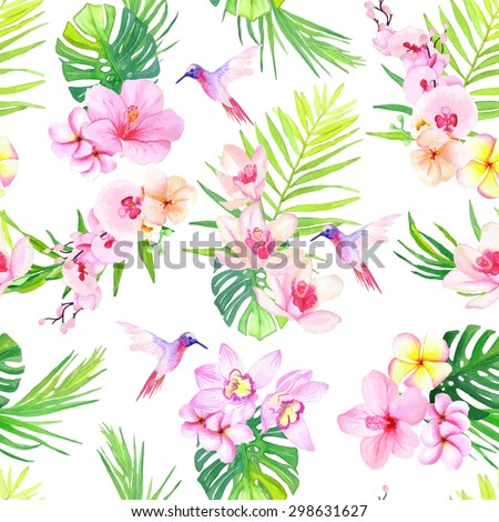 Hummingbirds and tropical flowers seamless vector pattern