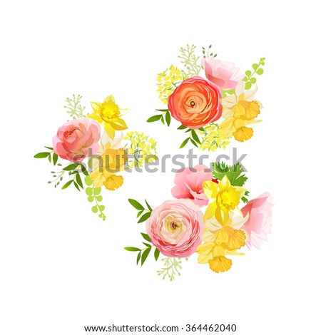 Sunny spring bouquets of rose, ranunculus, narcissus, peony. Happy and cheerful emotions vector design elements