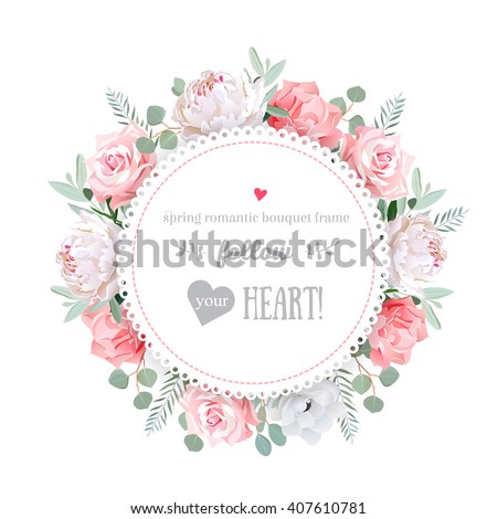 Delicate wedding floral vector design frame. Peony, rose, anemone, pink flowers. Colorful floral objects. All elements are isolated and editable.