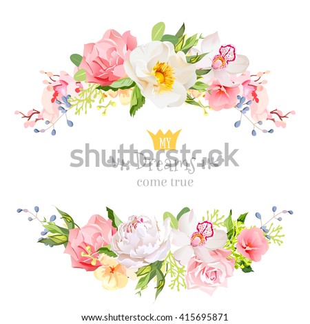 Lovely wishes floral vector design frame. Wild rose, peony, orchid, hydrangea, pink and yellow flowers. Floral banner stripe elements.