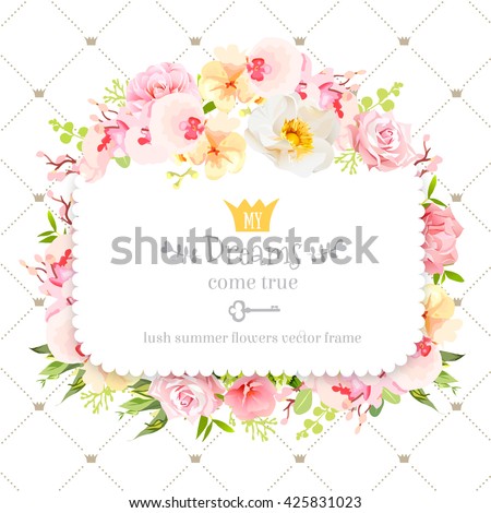 Square floral vector design frame. Orchid, wild rose, camellia flowers and fresh green leaves. Feminine summer decoration. Simple backdrop with diagonal lines and small princess crowns.