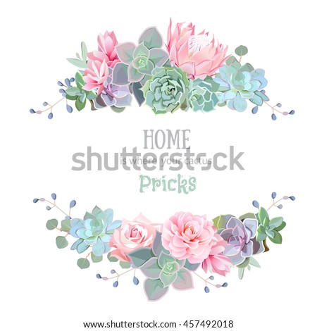 Green colorful succulents vector design round frame. Echeveria, protea, eucalyptus. Natural cactus card in modern funky style. All elements are isolated and editable.
