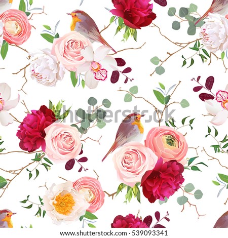 Natural vector seamless pattern with cute robin birds and bouquets of peachy roses, white and burgundy red peony, orchid, eucalyptus, green plants mix and ranunculus in japanese style