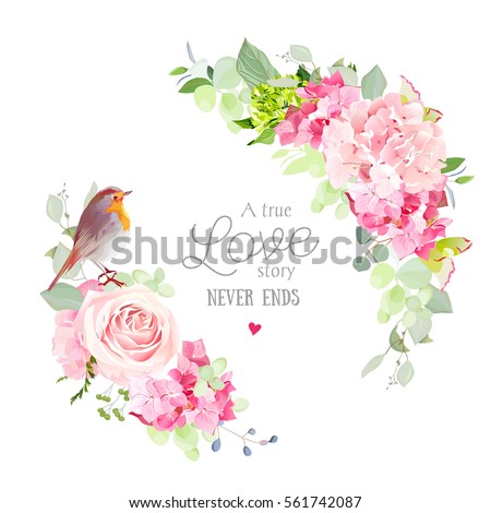 Floral vector round frame with pink rose, hydrangea, carnation flowers, mixed plants and cute small robin bird. Half moon shape bouquets. All elements are isolated and editable.