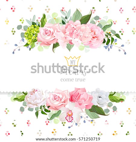 Stylish mix of flowers horizontal vector design frame. Hydrangea, rose, camellia, orchid, peony, carnation, eucalyptus, wildflowers. Rainbow confetti backdrop. All elements are isolated and editable