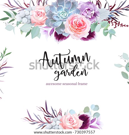 Stylish plum colored and pink flowers vector design card. Rose, purple carnation, bell flower, succulent, eucalyptus, agonis, brunia. Floral borders. Autumn mood composition. All elements are isolated
