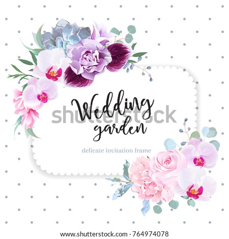 Square floral vector design frame. Purple orchid, pink rose, hydrangea, campanula flowers, carnation, succulent, green eucalyptus. Wedding card. Simple backdrop with polka dots