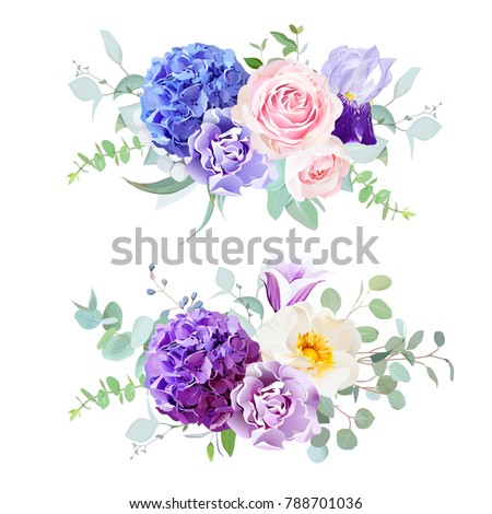 Violet, blue and purple hydrangea, rose, iris, carnation, bell flower, eucalyptus and greenery vector design horizontal bouquets.Beautiful spring wedding flowers.All elements are isolated and editable