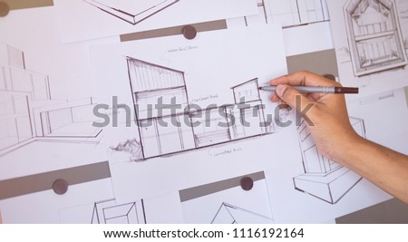 Architect Designer Engineer sketching drawing draft working Perspective Sketch  design house construction Project