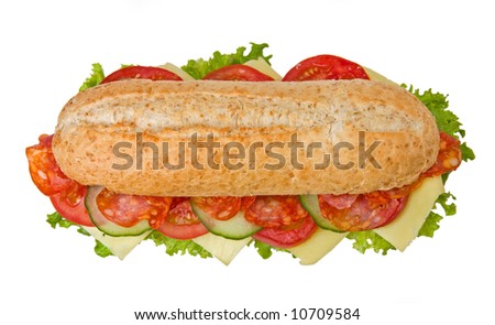 Fresh spicy salami sandwich with lettuce, tomatoes and cucumbers isolated on white