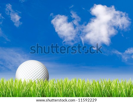 Golf ball in tall green grass set against blue sky