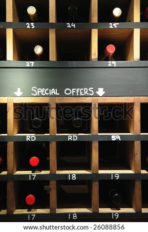 wine rack showing bottles on special offer