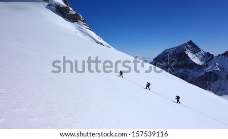Ski touring rope team on glacier