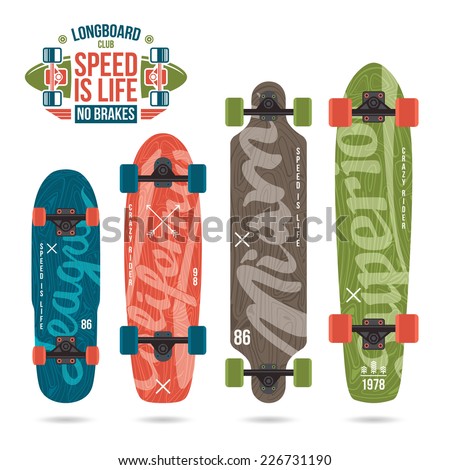 Set of prints on longboard in retro style Lettering print variety form Set of prints on longboard in retro style Lettering print variety form