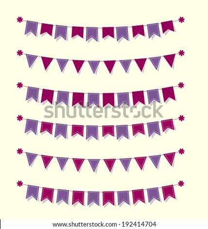 Cute bunting flags set purple with stitches and polka dots for scrapbook Vector illustration