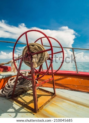 Anchor rope coil on bow of ferry boat heading to Samui Island