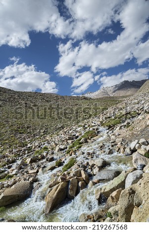 Mountain river flowing among snow summits and green valley