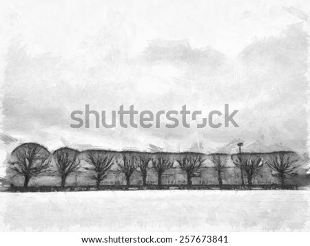Basil island in St Petersburg at winter graphite pencil sketch style illustration