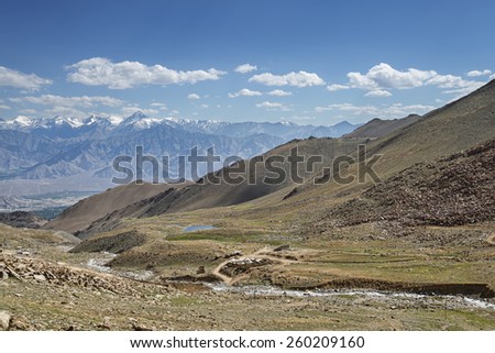 Mountain landscape with snow summits, lake and river
