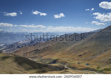 Aerial view of mountain range, river and lakes of Himalayas