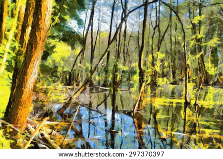 Forest reflected in bog water landscape oil painting