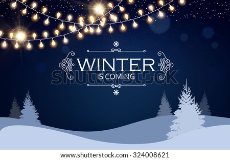 Christmas card. Winter landscape with firs & light garlands. Night background. Vector illustration