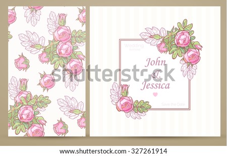 Vintage Card Template with Flowers. Rose design. Can be used for Save The Date, Mothers Day, Wedding Invitation, Birthday Cards & Greetings. Left Card is Seamless Pattern. Vector illustration