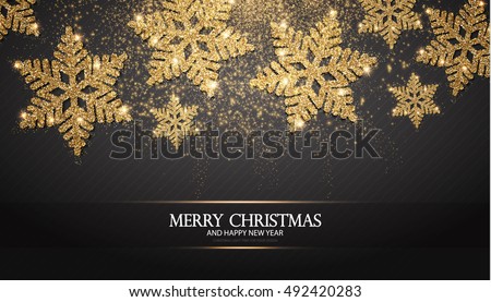 Elegant Christmas Background with Shining Gold Snowflakes. Vector illustration