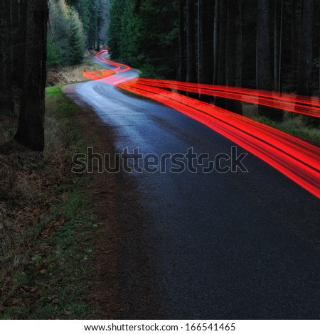 Car driving down the forest road