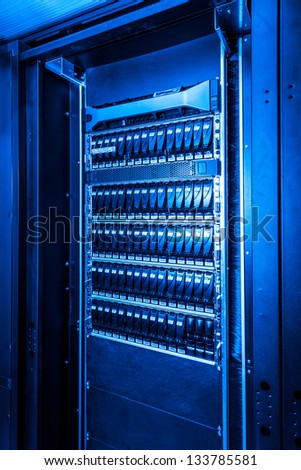 close-up of hard drives in data center