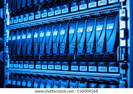 close-up of hard drives in data center