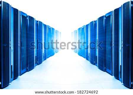 row of server racks with strong light from the end