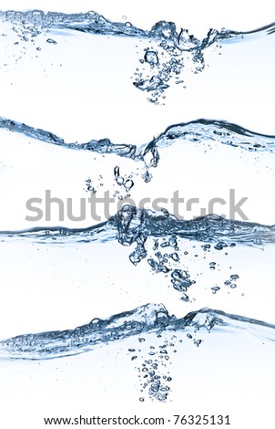 set of splashing water with bubbles on white background