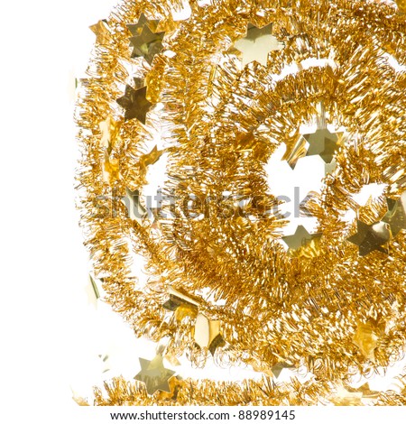 golden tinsel with small stars isolated on white background