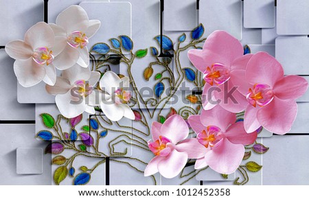 Flowers in abstract square background. Photo wallpaper for interior. 3D rendering.