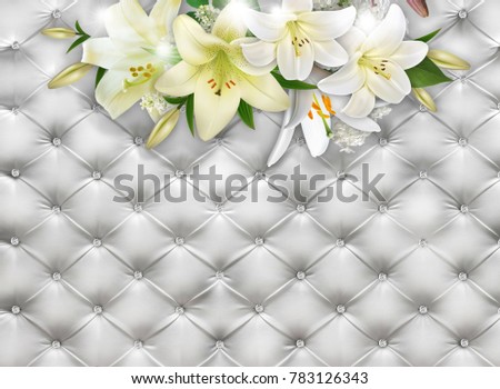 Bouquet of lilies on a background of white leather. Photo wallpaper. 3D rendering