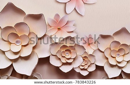 Pink flowers on the wall. Photo Wallpaper for interior. 3D rendering.