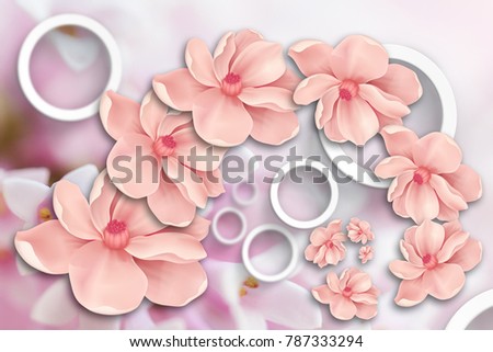 Floating flowers. Stereoscopic photo wallpaper for interior. 3D rendering.