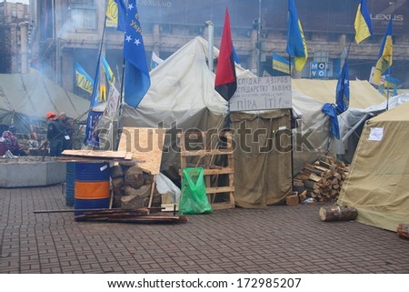 KIEV, UKRAINE - DEC 20: Tents in Kiev at anti-government protests against the president Yanukovych didn\'t sign the contract with the European Union on 20 December, 2013 in Kiev, Ukraine.