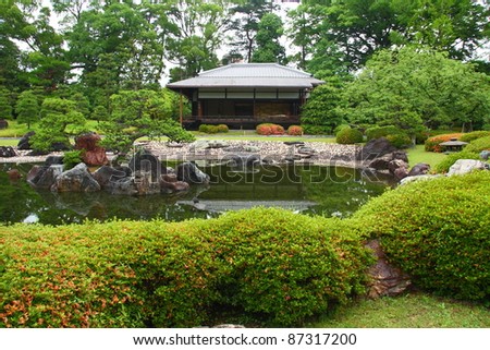 Tea house near the pond in a japanese garden (Nijo Castle, Kyoto)