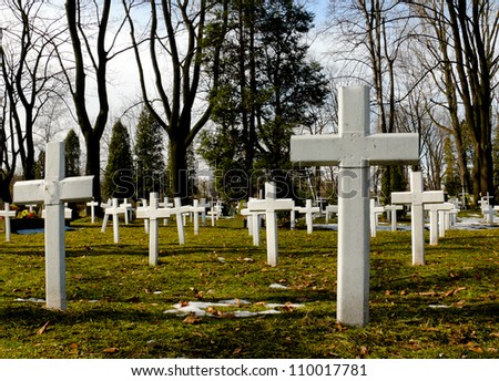 Crosses for unknown soldiers and victims of Second World War. Krakow Cemetery, Poland.