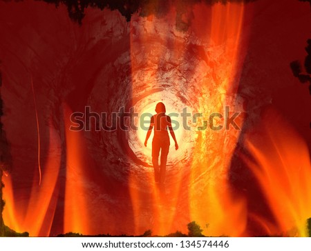 Red tunnel covered by flames leading to the rotating light. May symbolise way to hell after death, clinical death, escape, psychedelic vision or frame from horror or SF movie.